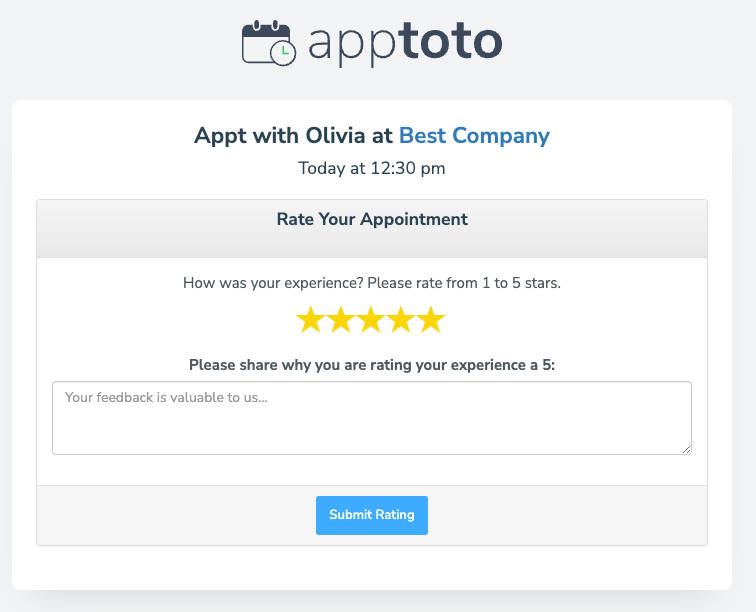An appointment review screen with a 5-star rating, inviting the client to leave additional feedback.